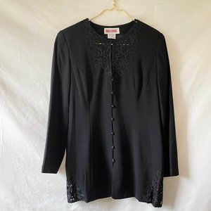 Vintage Long Black Acetate Jacket Lace Details